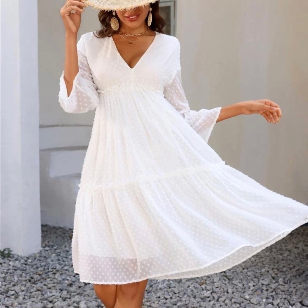 Kirundo White long sleeve White Chiffon Polka Dot Midi Dress Size Small